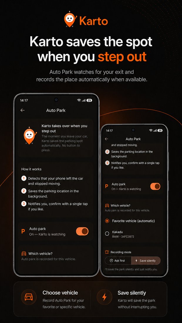 Android araç Bluetooth’u veya iPhone CarPlay otomasyonunun hareket algılamayla birlikte Akıllı moda ulaştığını gösteren Otomatik Park akışı